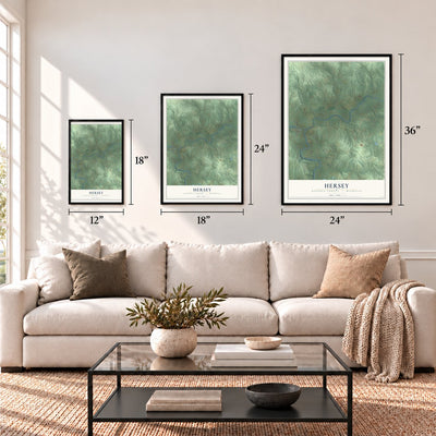 Hersey, Osceola County, Michigan map in 12 x 18, 18 x 24 and 24 x 36 inch sizes above a sofa