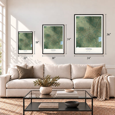 Vining, Minnesota map in 12 x 18, 18 x 24 and 24 x 36 inch sizes above a sofa