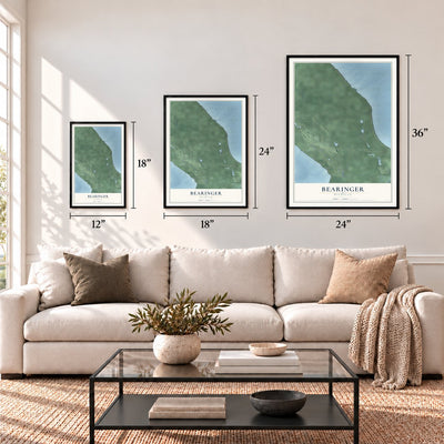Bearinger, Michigan map in 12 x 18, 18 x 24 and 24 x 36 inch sizes above a sofa