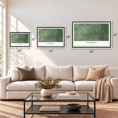 Remington, Wisconsin map in 12 x 18, 18 x 24 and 24 x 36 inch sizes above a sofa