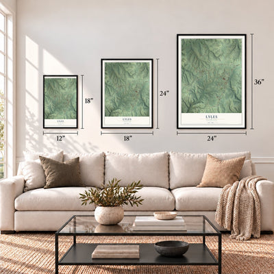 Lyles, Tennessee map in 12 x 18, 18 x 24 and 24 x 36 inch sizes above a sofa