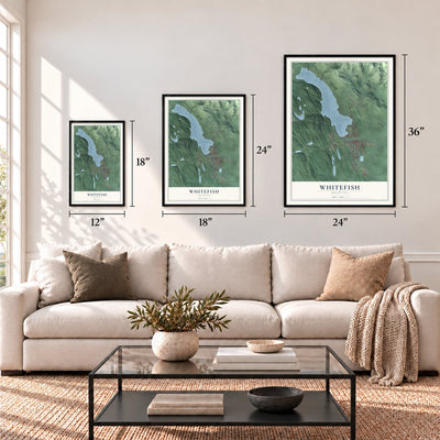 Whitefish, Montana map in 12 x 18, 18 x 24 and 24 x 36 inch sizes above a sofa