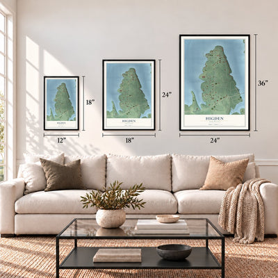 Higden, Arkansas map in 12 x 18, 18 x 24 and 24 x 36 inch sizes above a sofa