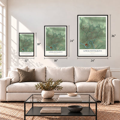 Lower Pottsgrove, Pennsylvania map in 12 x 18, 18 x 24 and 24 x 36 inch sizes above a sofa