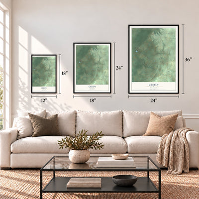Cleon, Michigan map in 12 x 18, 18 x 24 and 24 x 36 inch sizes above a sofa