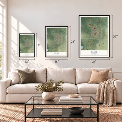 Drake, North Dakota map in 12 x 18, 18 x 24 and 24 x 36 inch sizes above a sofa