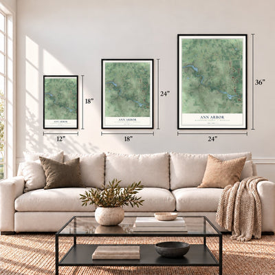 Ann Arbor, Washtenaw County, Michigan map in 12 x 18, 18 x 24 and 24 x 36 inch sizes above a sofa
