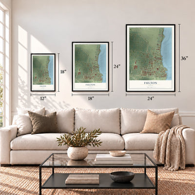 Fulton, Texas map in 12 x 18, 18 x 24 and 24 x 36 inch sizes above a sofa