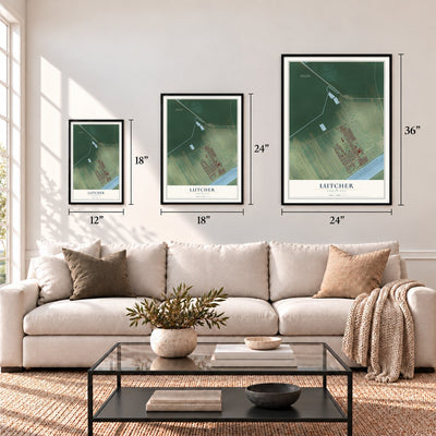 Lutcher, Louisiana map in 12 x 18, 18 x 24 and 24 x 36 inch sizes above a sofa