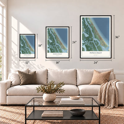 Ponce Inlet, Florida map in 12 x 18, 18 x 24 and 24 x 36 inch sizes above a sofa