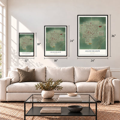 Grand Meadow, Minnesota map in 12 x 18, 18 x 24 and 24 x 36 inch sizes above a sofa