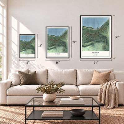Mosier, Oregon map in 12 x 18, 18 x 24 and 24 x 36 inch sizes above a sofa