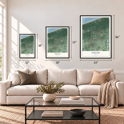 Porter, Indiana map in 12 x 18, 18 x 24 and 24 x 36 inch sizes above a sofa