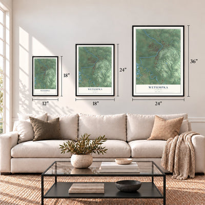 Wetumpka, Alabama map in 12 x 18, 18 x 24 and 24 x 36 inch sizes above a sofa