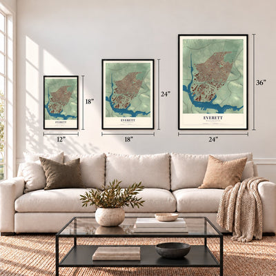 Everett, Massachusetts map in 12 x 18, 18 x 24 and 24 x 36 inch sizes above a sofa