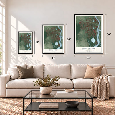 Little Ferry, New Jersey map in 12 x 18, 18 x 24 and 24 x 36 inch sizes above a sofa