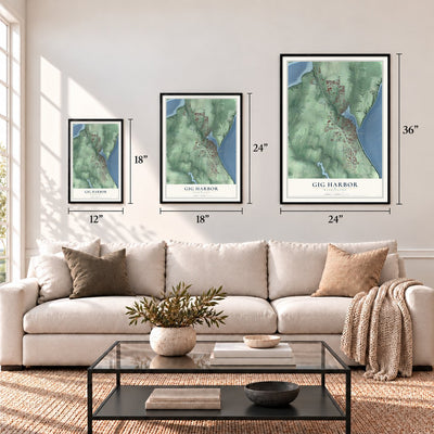 Gig Harbor, Washington map in 12 x 18, 18 x 24 and 24 x 36 inch sizes above a sofa