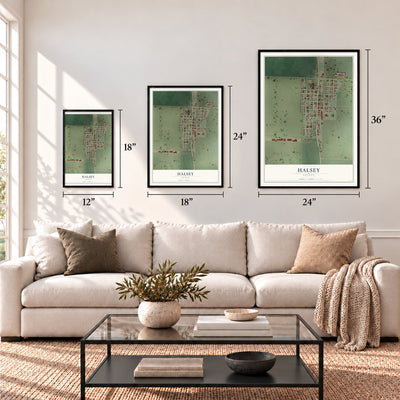 Halsey, Oregon map in 12 x 18, 18 x 24 and 24 x 36 inch sizes above a sofa