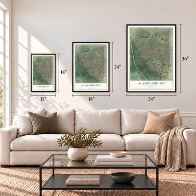 Alamo Heights, Texas map in 12 x 18, 18 x 24 and 24 x 36 inch sizes above a sofa
