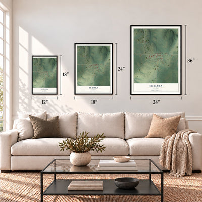 El Dara, Illinois map in 12 x 18, 18 x 24 and 24 x 36 inch sizes above a sofa