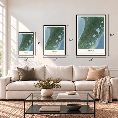 Middle, New Jersey map in 12 x 18, 18 x 24 and 24 x 36 inch sizes above a sofa