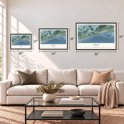 Gilgo, New York map in 12 x 18, 18 x 24 and 24 x 36 inch sizes above a sofa