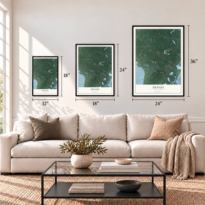 Dennis, New Jersey map in 12 x 18, 18 x 24 and 24 x 36 inch sizes above a sofa