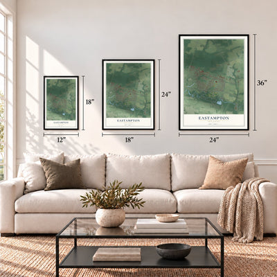 Eastampton, New Jersey map in 12 x 18, 18 x 24 and 24 x 36 inch sizes above a sofa