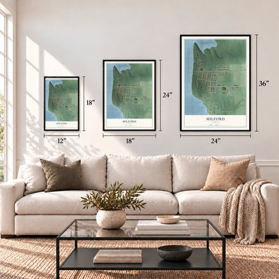 Milford, Kansas map in 12 x 18, 18 x 24 and 24 x 36 inch sizes above a sofa