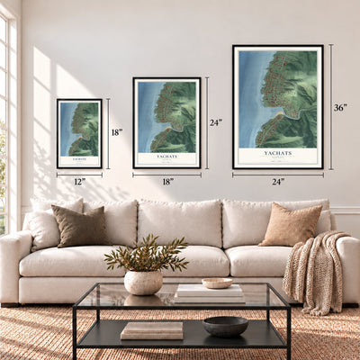 Yachats, Oregon map in 12 x 18, 18 x 24 and 24 x 36 inch sizes above a sofa