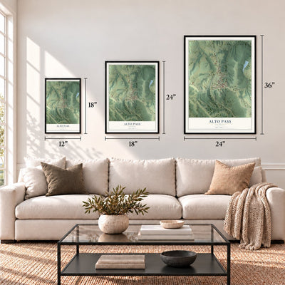 Alto Pass, Illinois map in 12 x 18, 18 x 24 and 24 x 36 inch sizes above a sofa