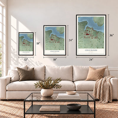 Cinco Bayou, Florida map in 12 x 18, 18 x 24 and 24 x 36 inch sizes above a sofa