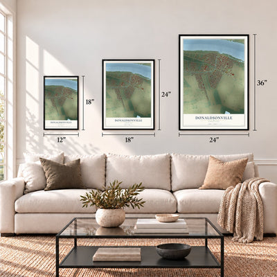 Donaldsonville, Louisiana map in 12 x 18, 18 x 24 and 24 x 36 inch sizes above a sofa