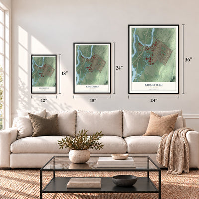 Ridgefield, New Jersey map in 12 x 18, 18 x 24 and 24 x 36 inch sizes above a sofa