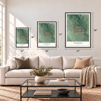 Edgewood, Maryland map in 12 x 18, 18 x 24 and 24 x 36 inch sizes above a sofa