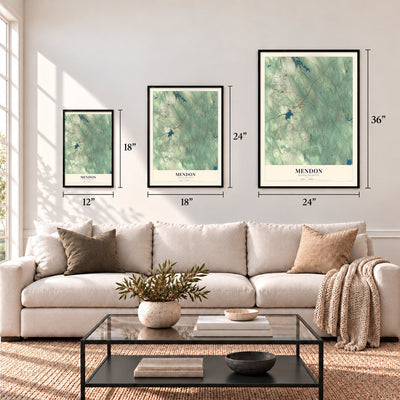 Mendon, Massachusetts map in 12 x 18, 18 x 24 and 24 x 36 inch sizes above a sofa