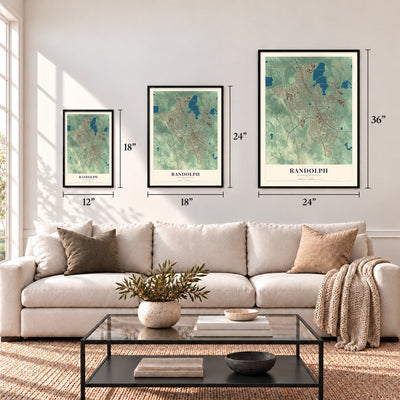 Randolph, Massachusetts map in 12 x 18, 18 x 24 and 24 x 36 inch sizes above a sofa