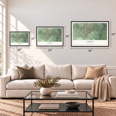 Latham, New York map in 12 x 18, 18 x 24 and 24 x 36 inch sizes above a sofa