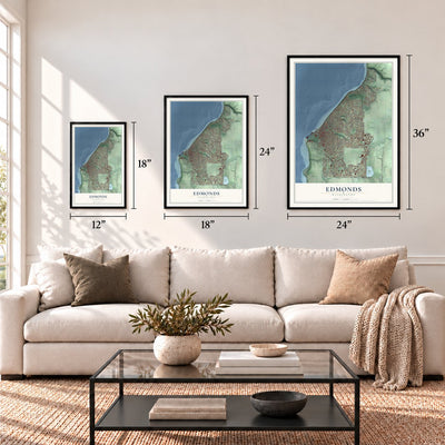Edmonds, Washington map in 12 x 18, 18 x 24 and 24 x 36 inch sizes above a sofa