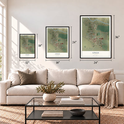 Lingle, Wyoming map in 12 x 18, 18 x 24 and 24 x 36 inch sizes above a sofa