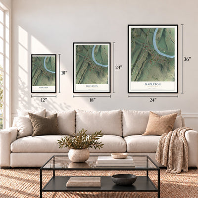 Mapleton, Pennsylvania map in 12 x 18, 18 x 24 and 24 x 36 inch sizes above a sofa