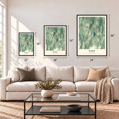 Wales, Massachusetts map in 12 x 18, 18 x 24 and 24 x 36 inch sizes above a sofa