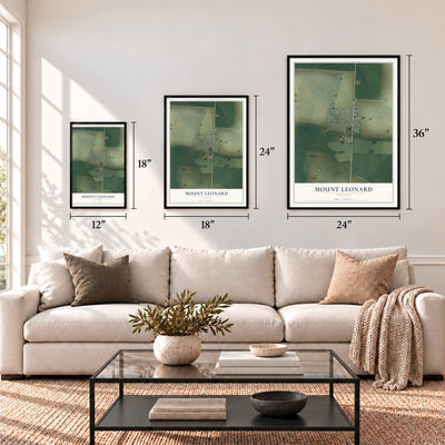 Mount Leonard, Missouri map in 12 x 18, 18 x 24 and 24 x 36 inch sizes above a sofa