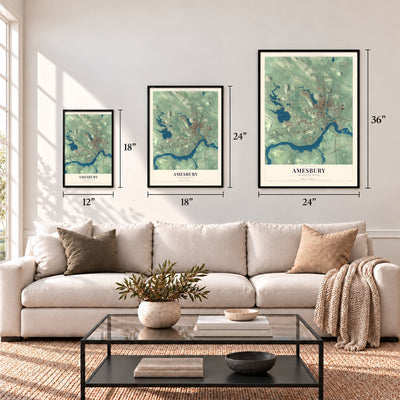 Amesbury, Massachusetts map in 12 x 18, 18 x 24 and 24 x 36 inch sizes above a sofa