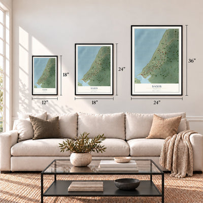 Saxis, Virginia map in 12 x 18, 18 x 24 and 24 x 36 inch sizes above a sofa
