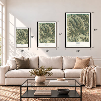 Otto, Pennsylvania map in 12 x 18, 18 x 24 and 24 x 36 inch sizes above a sofa