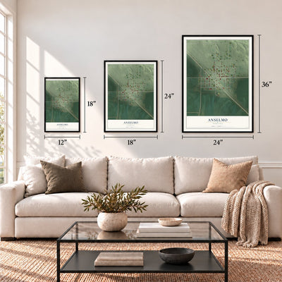Anselmo, Nebraska map in 12 x 18, 18 x 24 and 24 x 36 inch sizes above a sofa