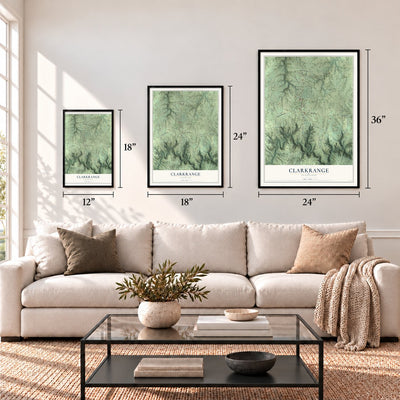 Clarkrange, Tennessee map in 12 x 18, 18 x 24 and 24 x 36 inch sizes above a sofa