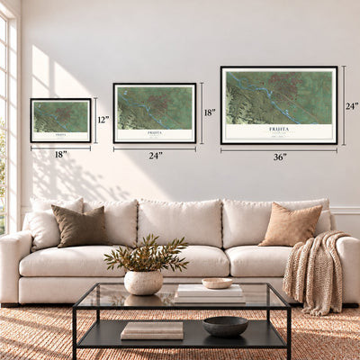 Fruita, Colorado map in 12 x 18, 18 x 24 and 24 x 36 inch sizes above a sofa
