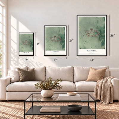 Parklane, Maryland map in 12 x 18, 18 x 24 and 24 x 36 inch sizes above a sofa